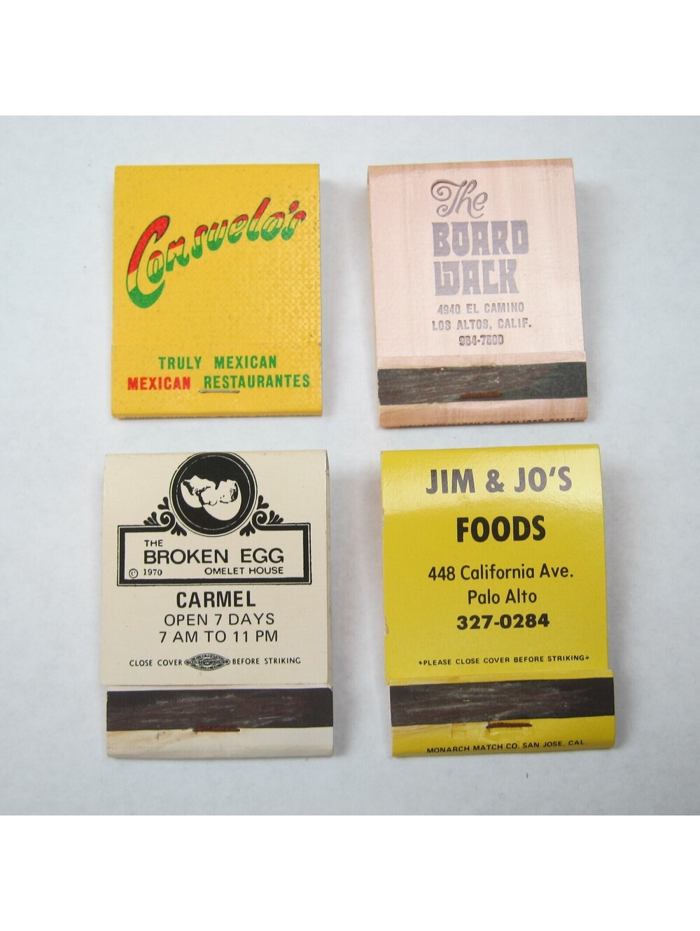 4 Matchbook Covers Consuelo's The Board Walk The Broken Egg Jim & Jo's Foods CA